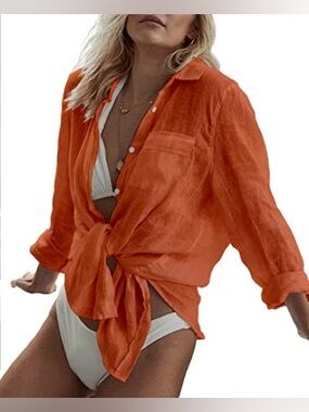 Zoye Chen Orange Lightweight Long Linen Shirt Size M- never worn!